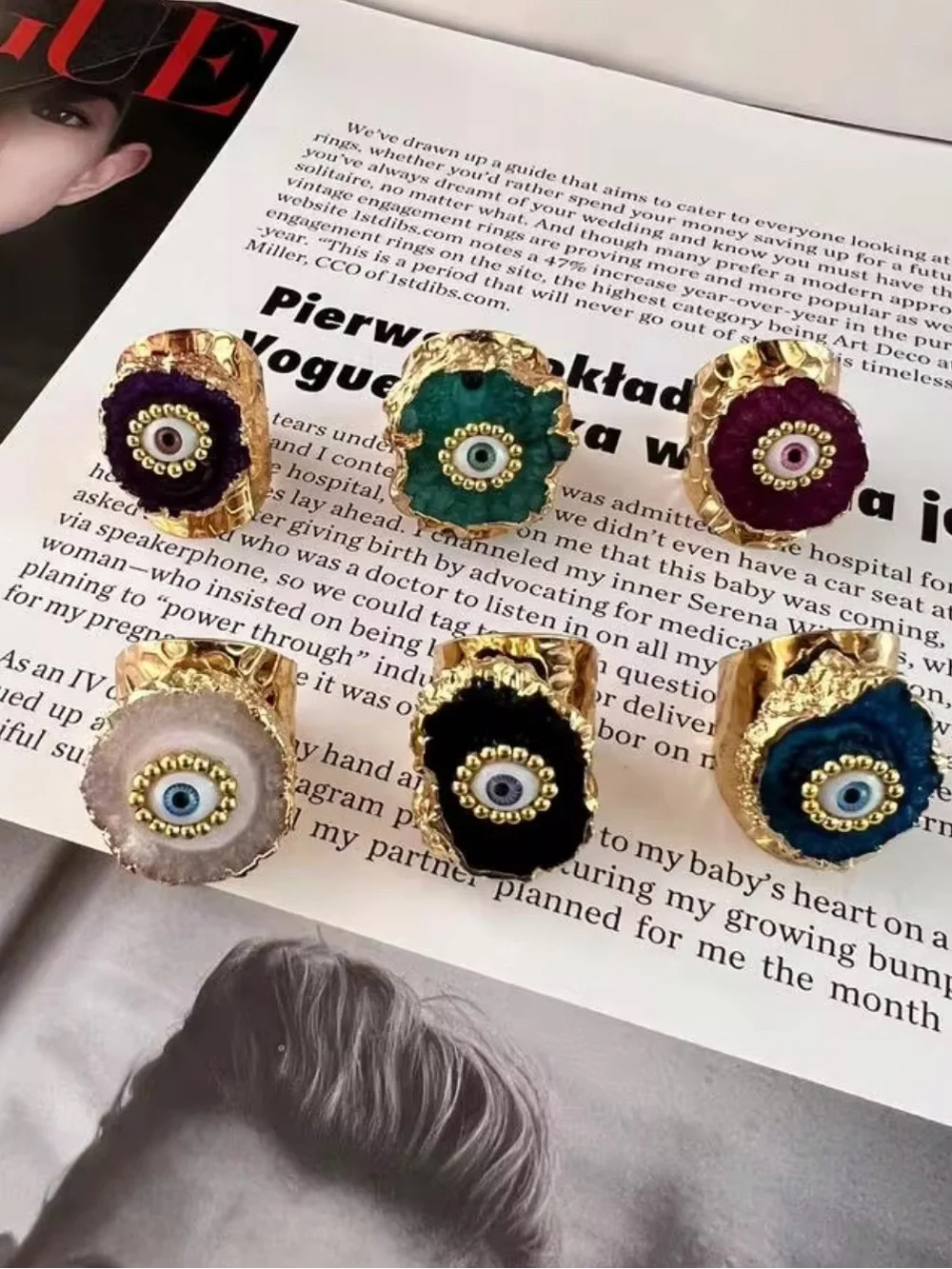 New! Gold-Plated White Synthetic Geode Agate Druzy Evil Eye Statement Ring